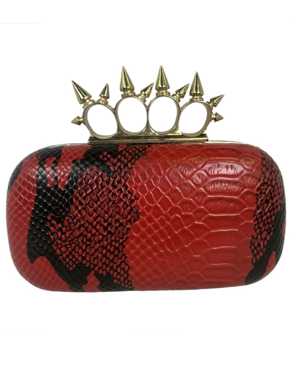 Vintage Red Snake-Embossed Spike Knuckle Clutch Crossbody.